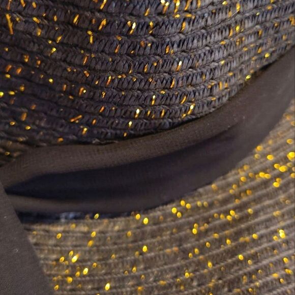 Black Gold Metallic Weaved Wide Brim Straw Sun Hat With Black Ribbon - Picture 3 of 8